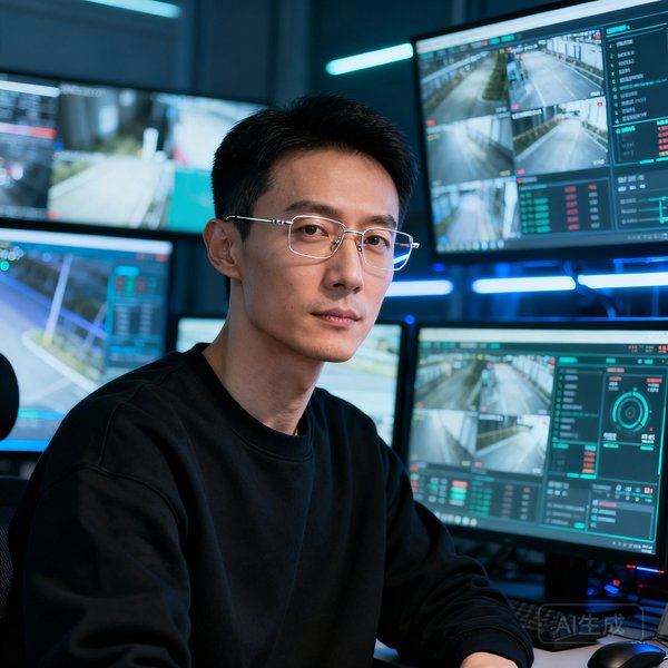 安全总监陈宇，36岁，前奇安信安全研究员，瘦高身材，戴无框眼镜，身穿黑色卫衣，眼前多台显示器显示着实时安全监控面板